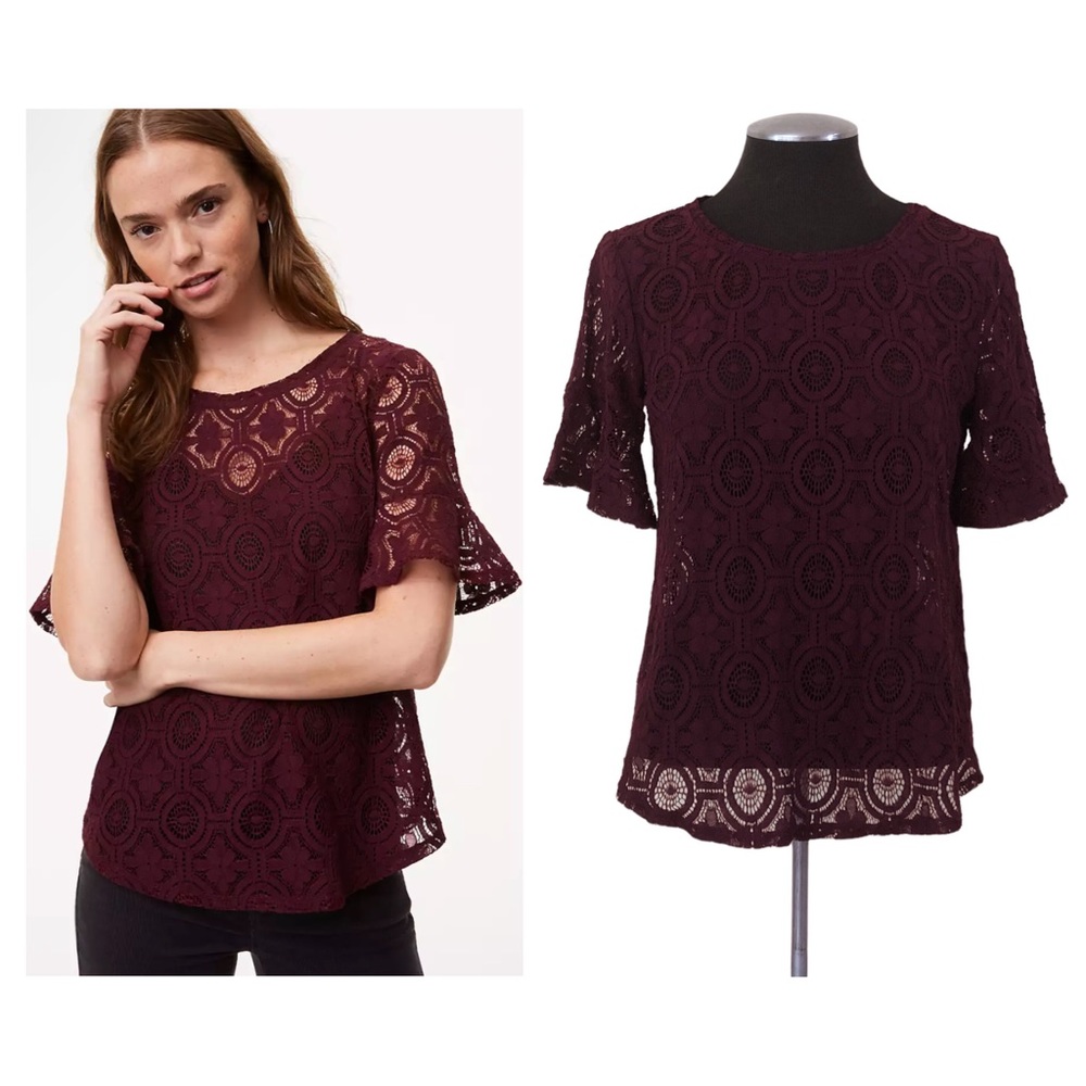 LOFT - Mosaic Lace Short Sleeve Lined Top - Small